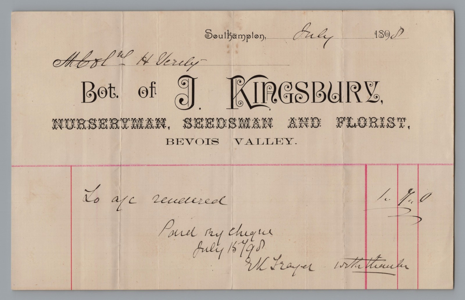 1889 Billhead J. KINGSBURY Nursueryman, Florist, Bevois Valley Southampton, UK