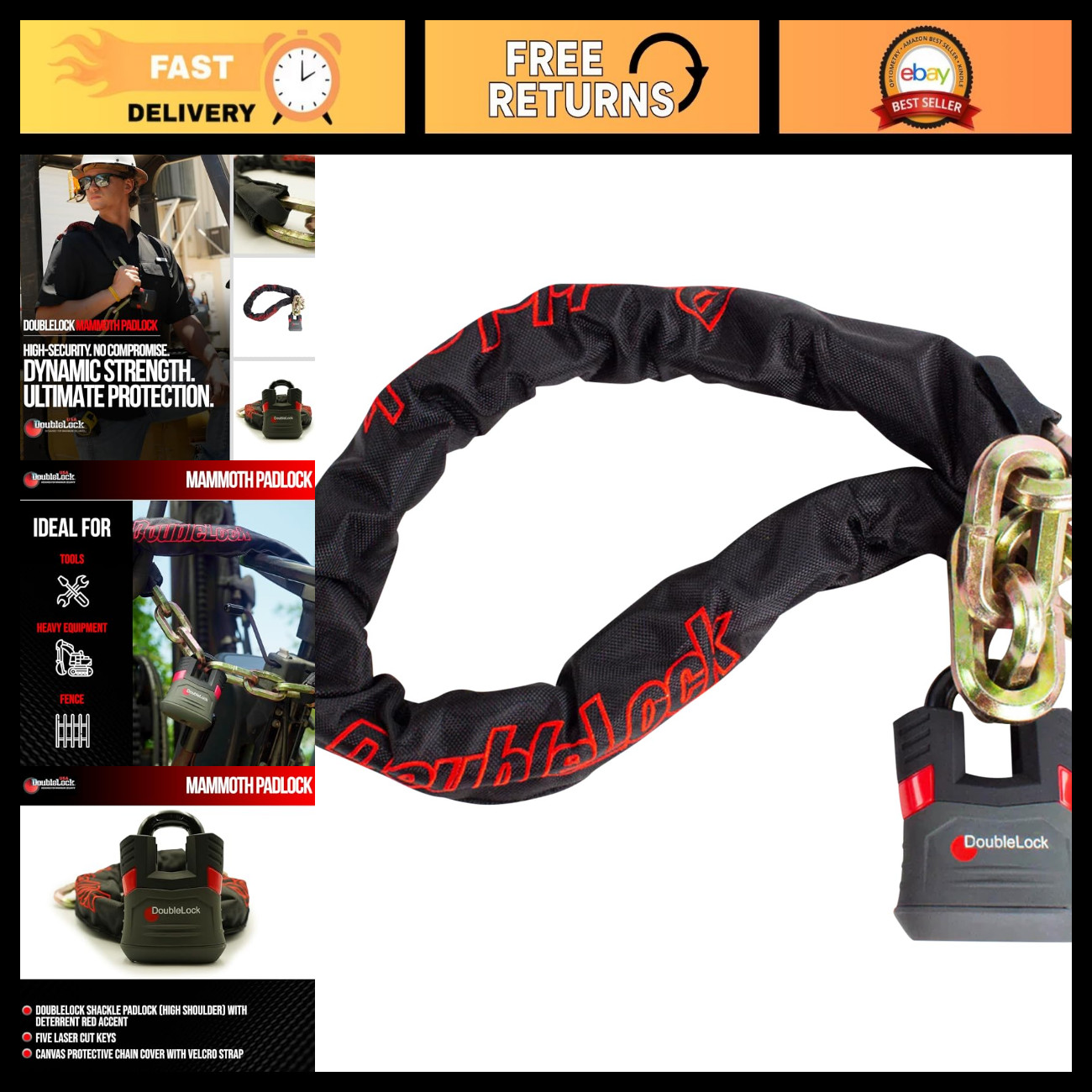 Heavy Duty 3.5ft Chain & Padlock Bundle - 3X 1.75in Links for Equipment, Jobsite