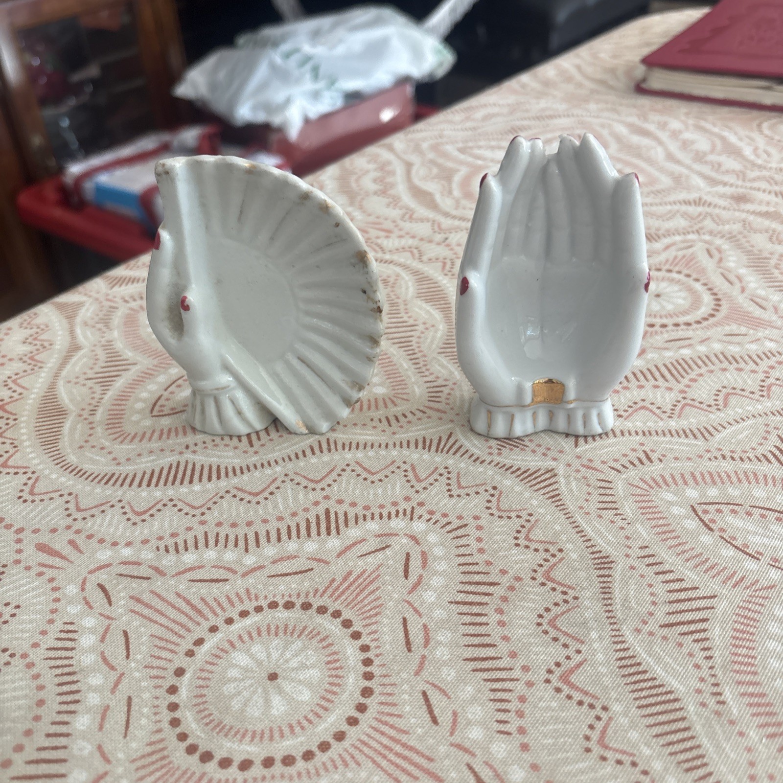2 Vintage Small White Porcelain Offering Hand 1950s Japan Ashtray & Ring Holder