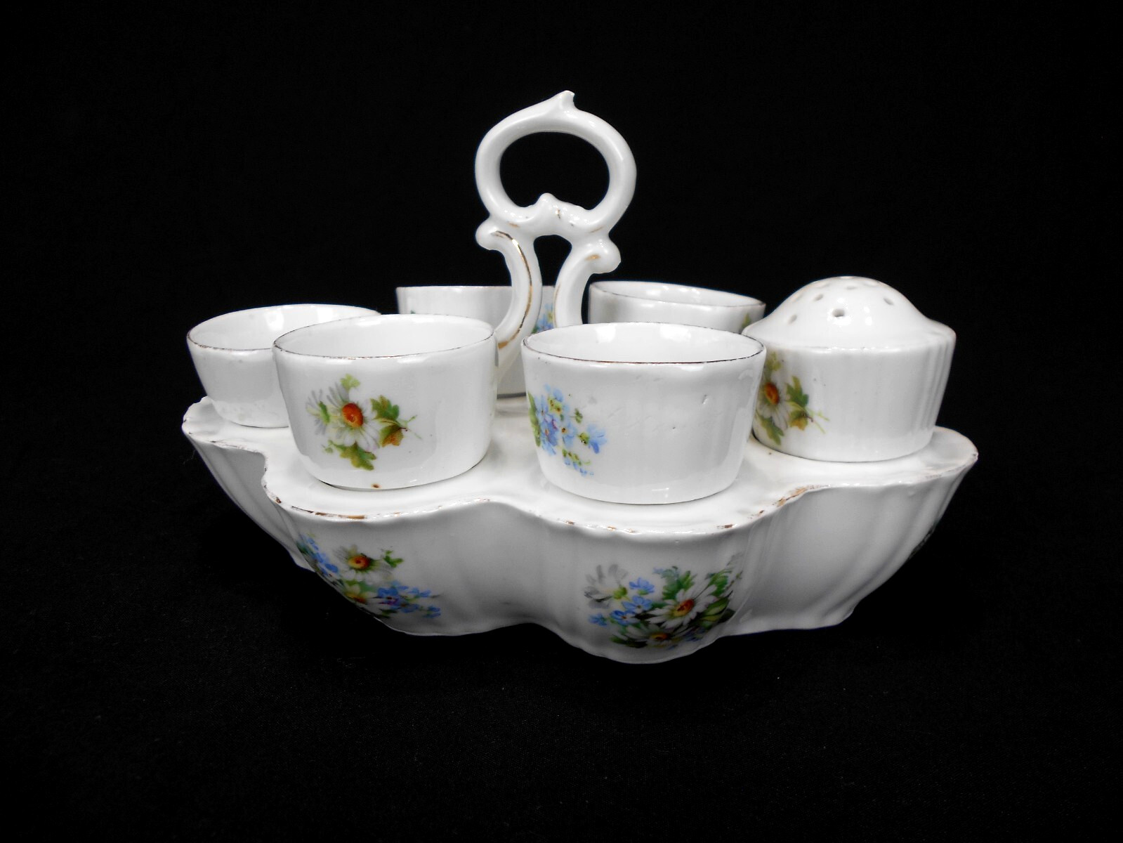 Antique  French White Floral Porcelain Handmade Boiled Egg Cup Serving Caddy Set