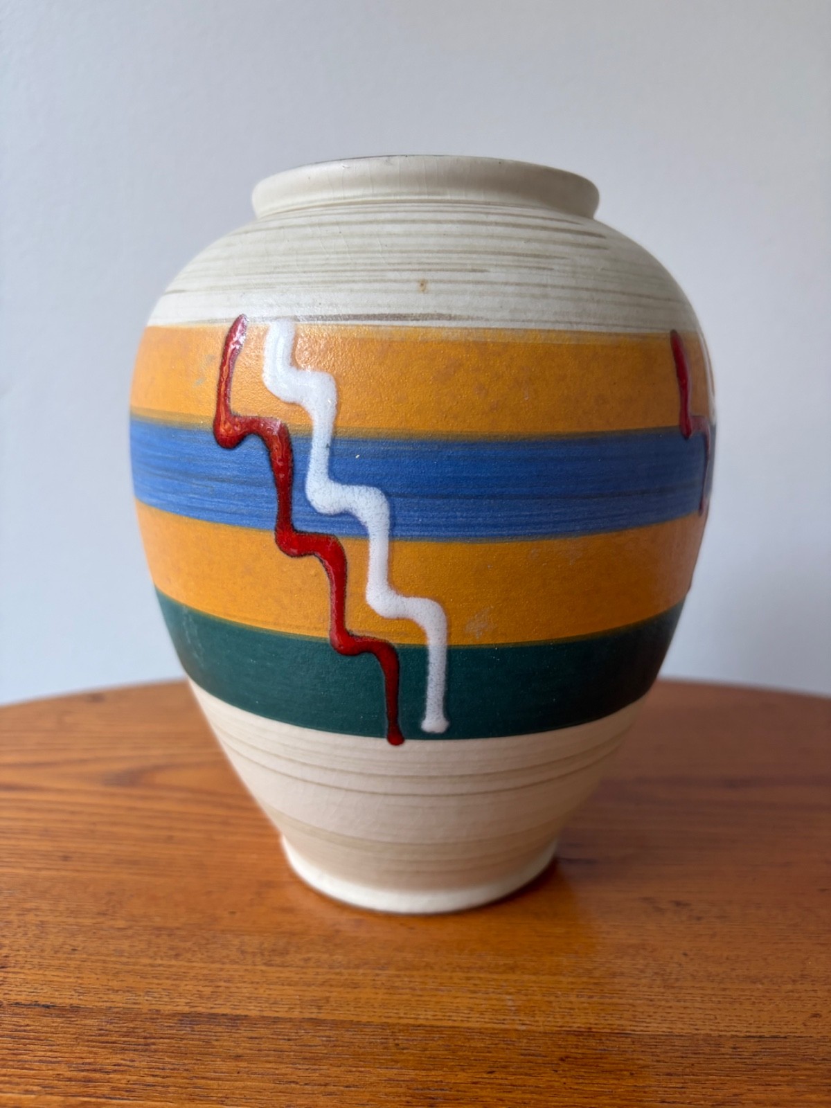 West Germany 7” tall vibrant, colorful vase with teal interior mid-century