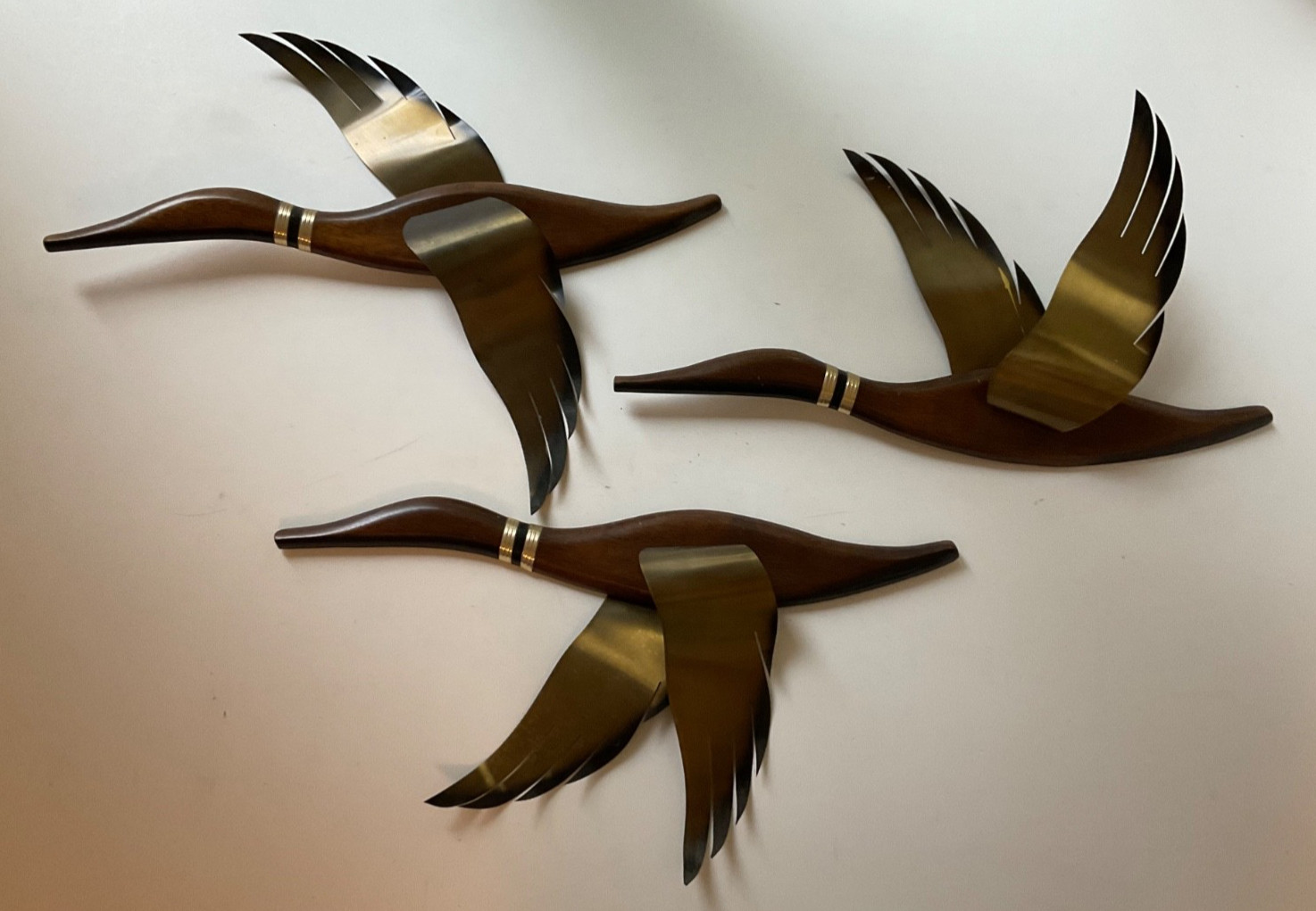 Lot of 3 Vintage Masketeers Inc Wood/Brass Flying Ducks/Geese Wall Sculptures