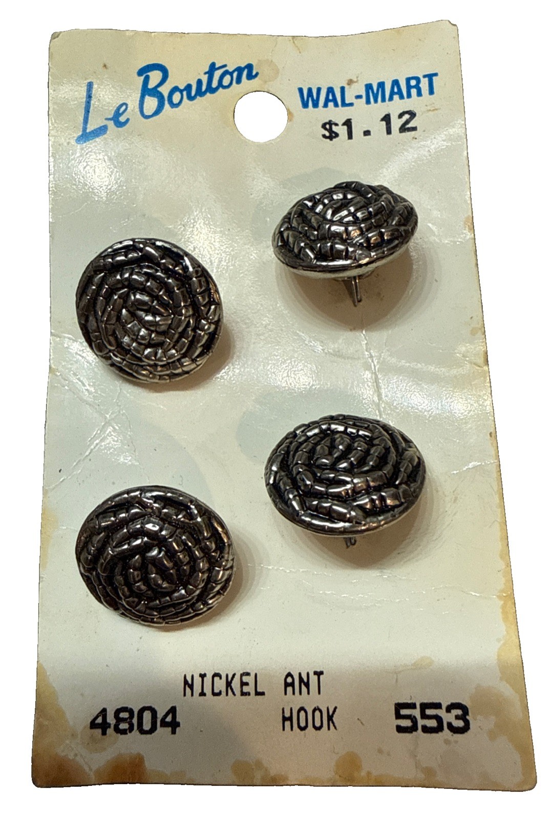 Vtg Le Bouton Silver Metal Buttons Original Card #4804 Nickel Ant Hook NOS