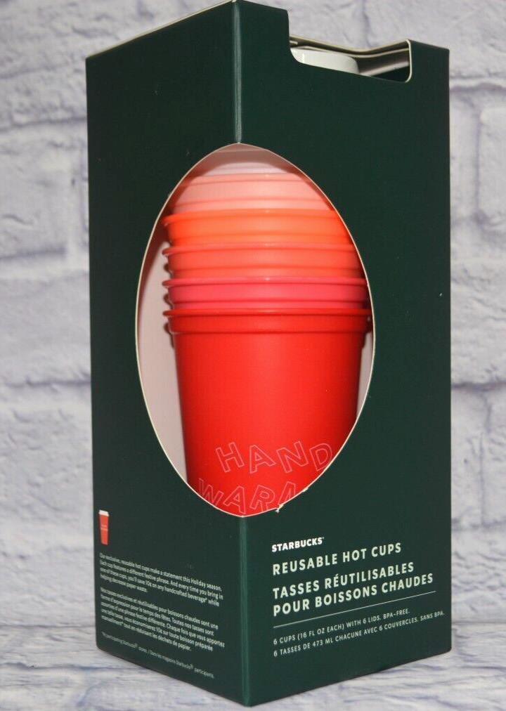 6 PACK STARBUCKS MULTI USE HOT CUPS HOLIDAY WITH LIDS TUMBLER 16oz GIFT SET NEW