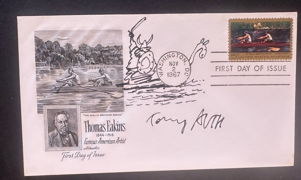 Tony Auth signed autograph With Orig Drawing Pulitzer Editorial Cartoonist FDC