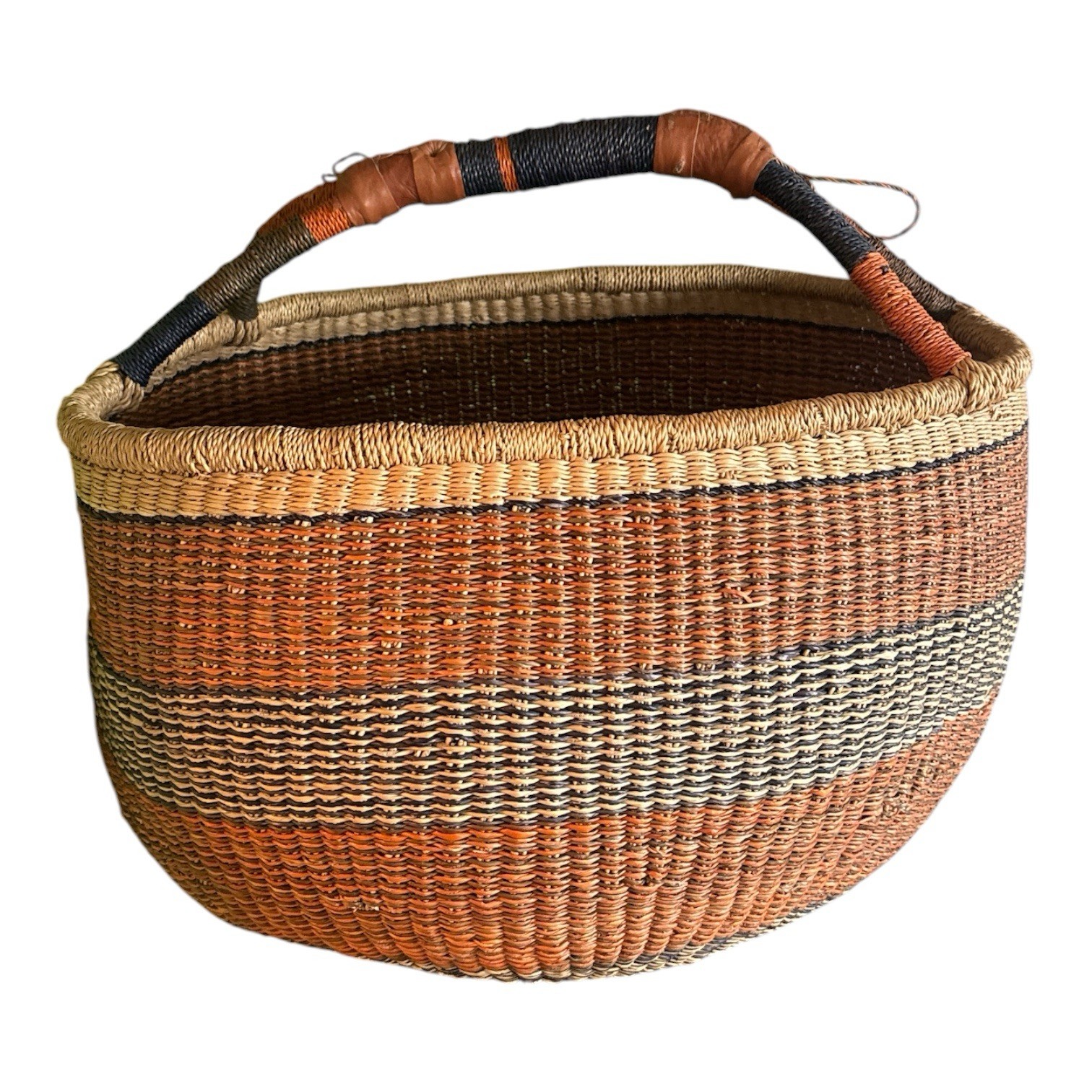 VTG Large Woven African Bolga Ghana Market Basket Leather Handle 17” x 14” x 11”