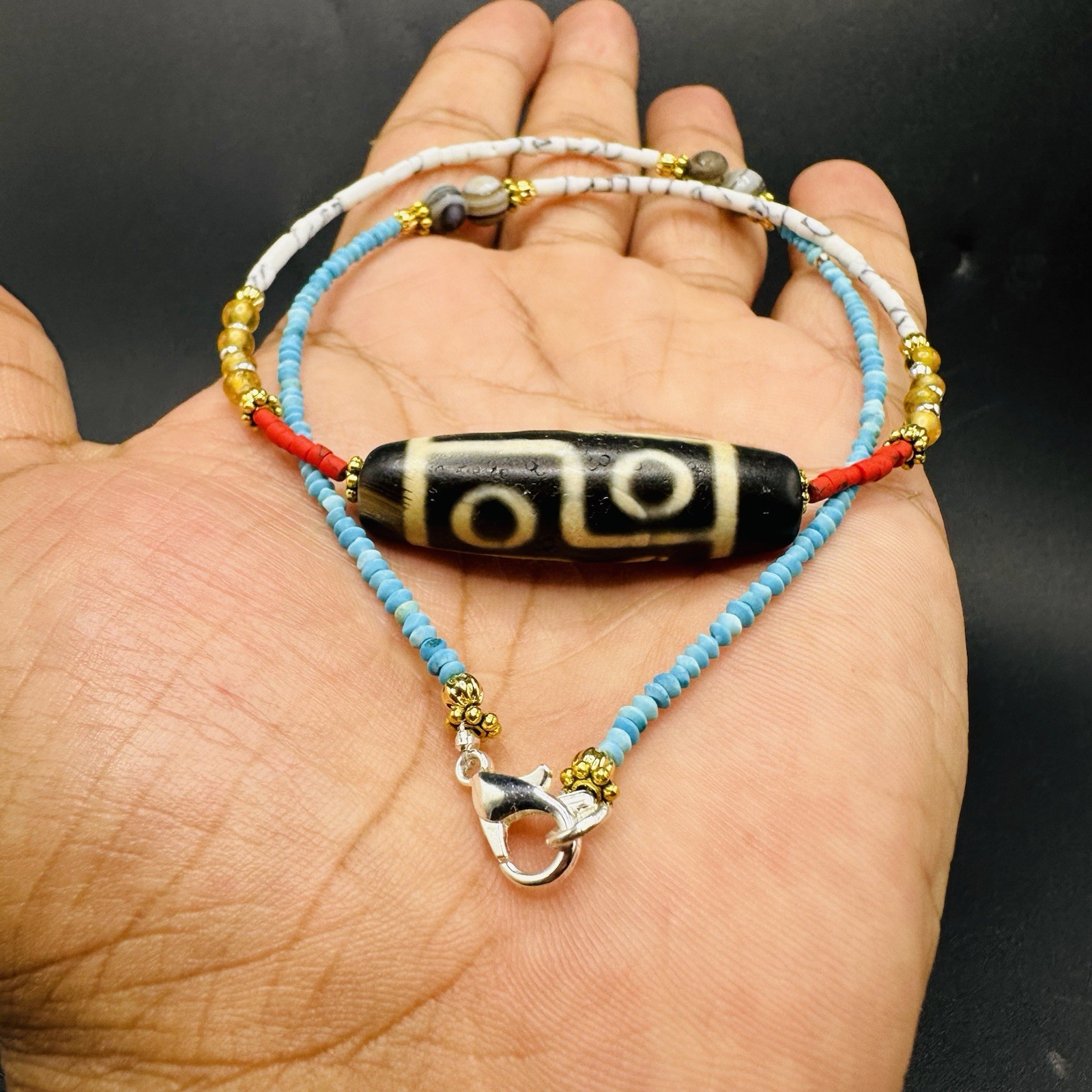 Antique Tibetan Old ‑Eye Dzi Bead Necklace,