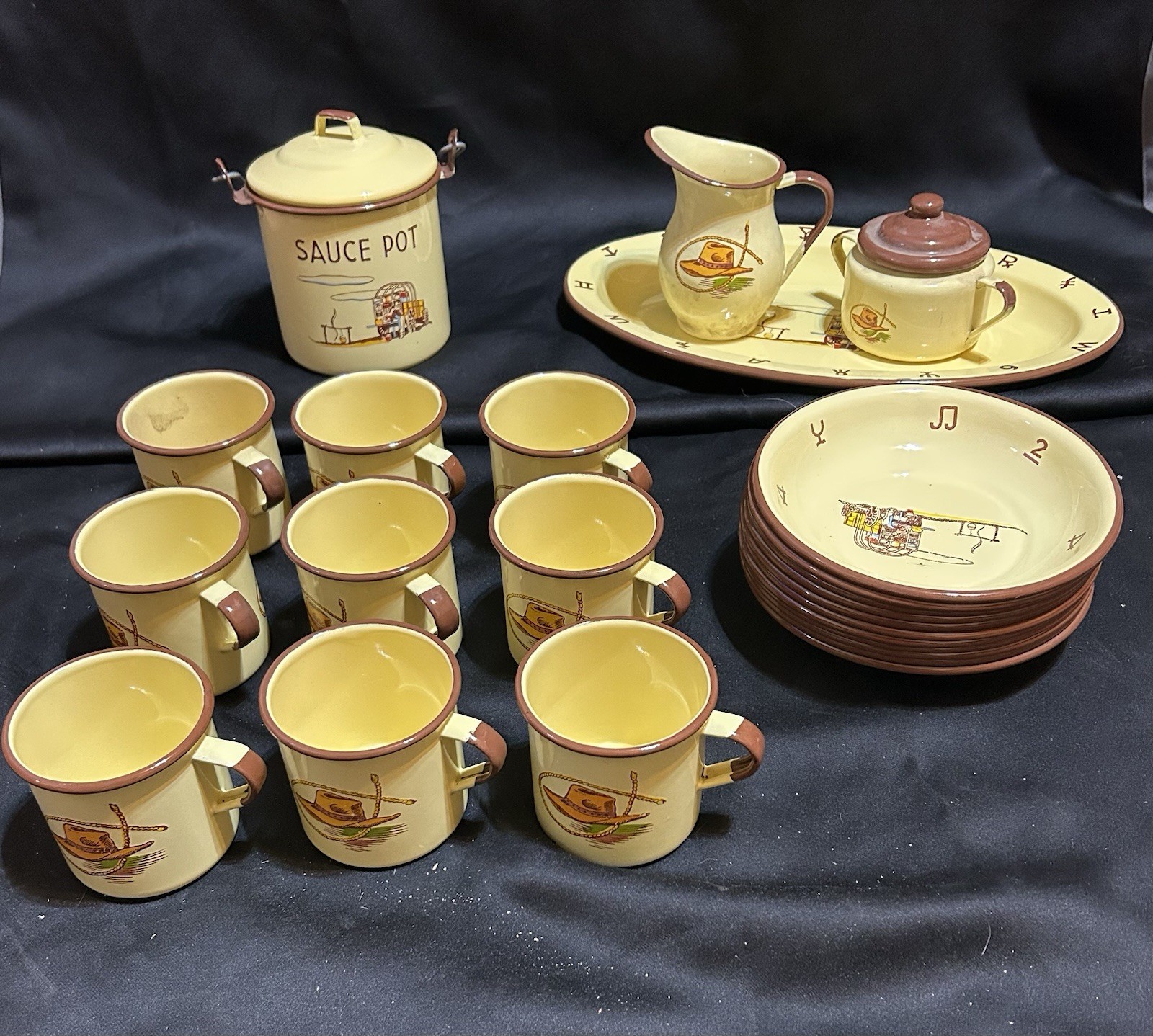 Vintage Monterrey Western Ware yellow enamelware large lot pitcher platter
