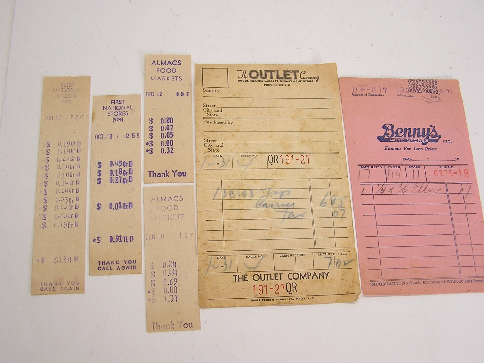 Vintage Rhode Island Store Receipts Almacs Benny\'s First National Outlet