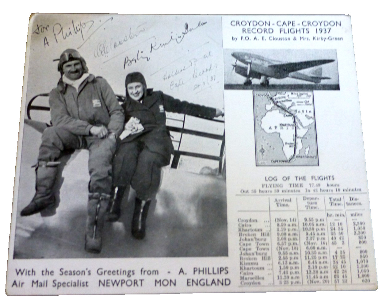 VINTAGE LARGE CARD 1937 FLIGHT FROM UK TO  CAPETOWN S. AFRICA TO CROYDON UK 1937