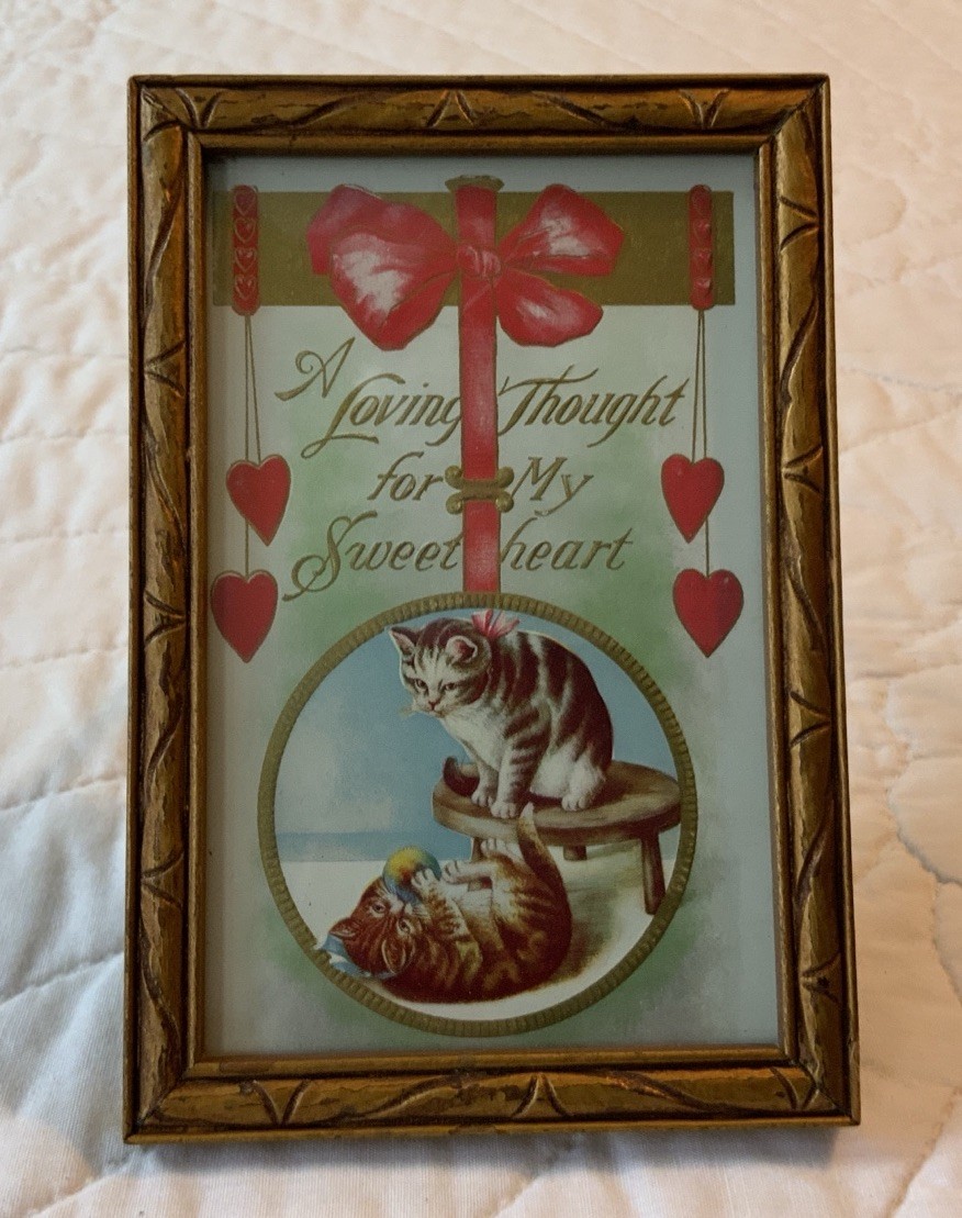 Antique Post Card Ephemera Framed, Kitty Cats, Hearts, Bow
