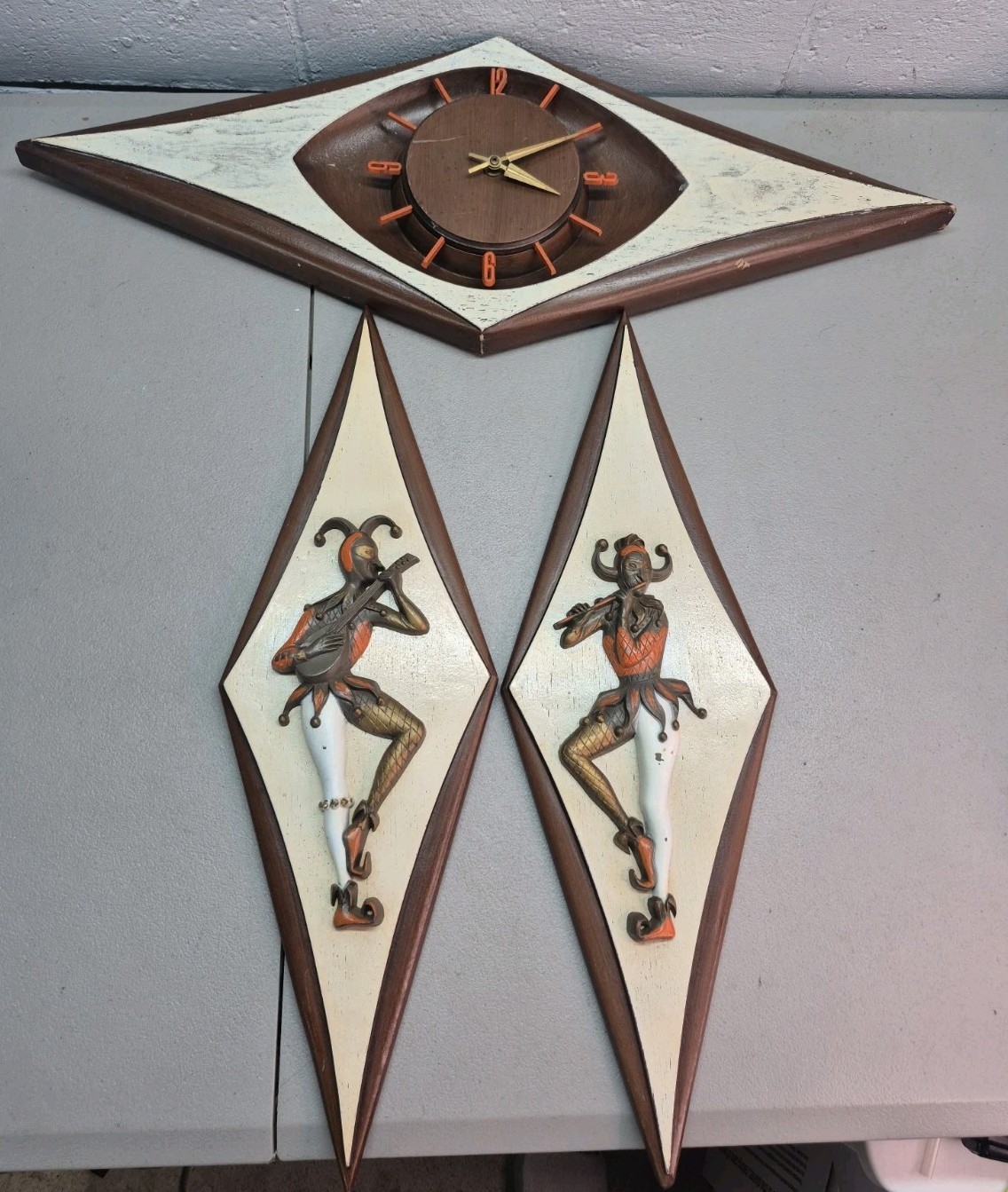 Vintage Burwood MCM Harlequin Jester Clock & Plaque Set Of 3 Pieces