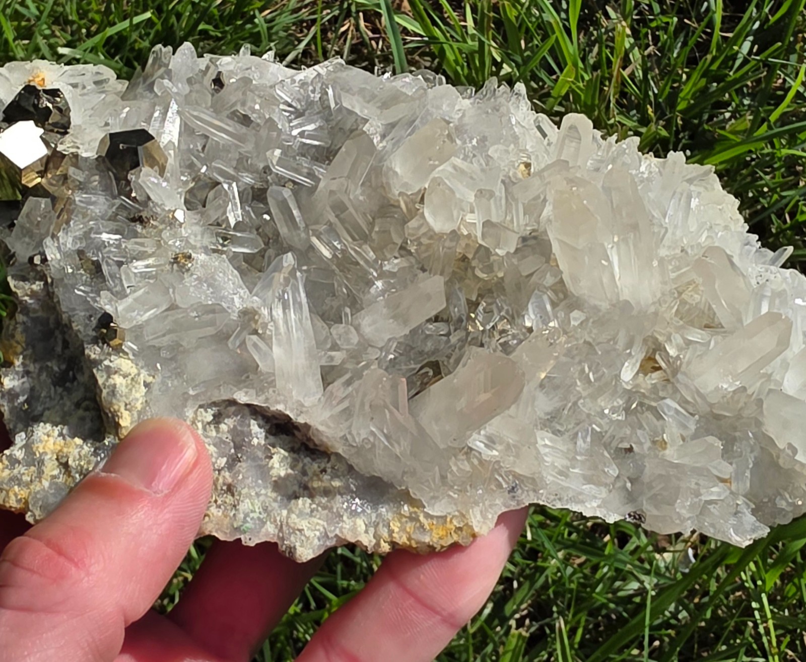 Large Iridescent Pyrite with Large Quartz Cluster — Indonesia, 794 grams