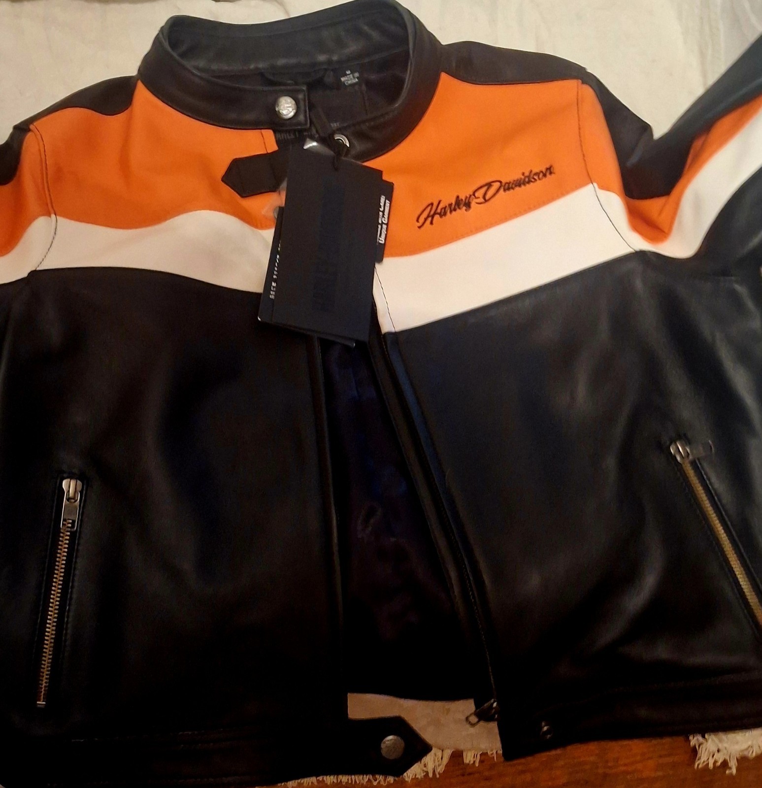 Harley-Davidson Black Orange White Leather Motorcycle Jacket with Logo