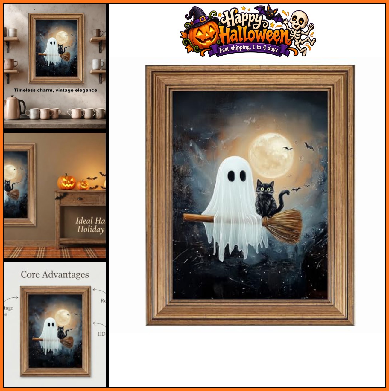 Framed Halloween Art Cute Ghost Black Cat Full Moon Spooky Decor 12x9