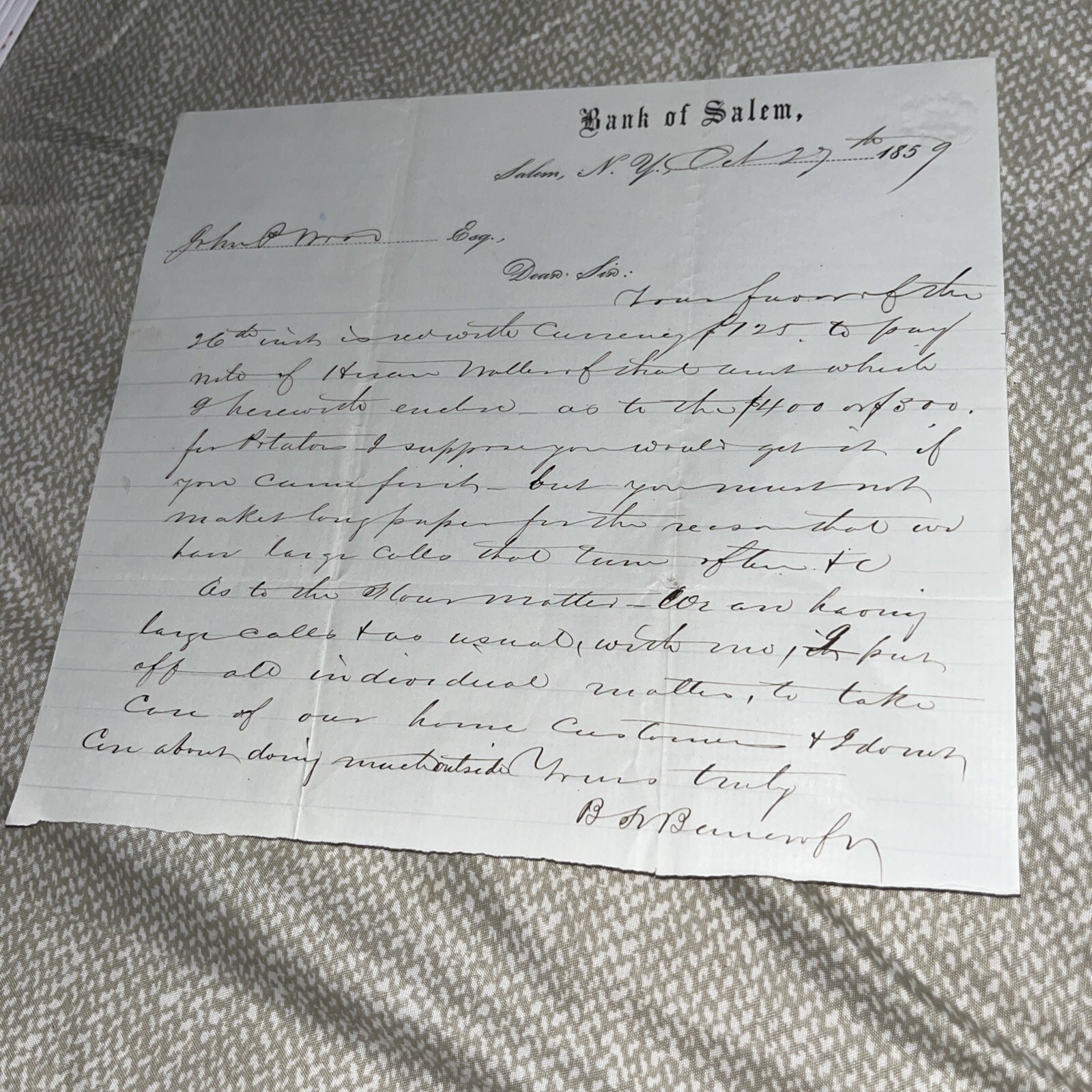 Antique 1859 Correspondence: Bank of Salem New York NY Letterhead Attorney Esq