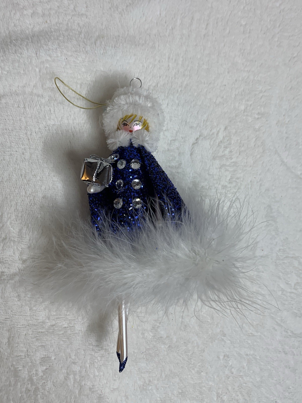 Soffieria de Carlini Lady Elegance Blue Cape White Fur Trim Ornament