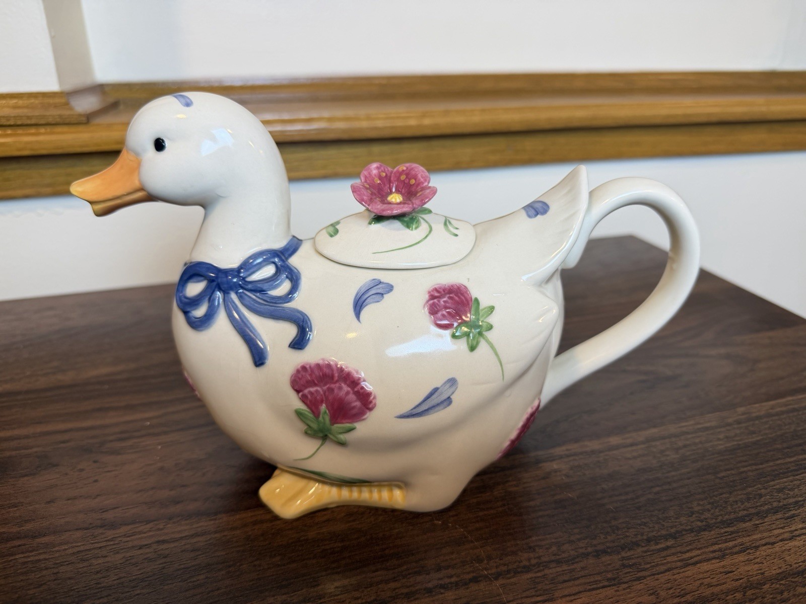 Lenox Poppies on Blue Barnyard Duck Teapot w Lid Floral Vintage 1998