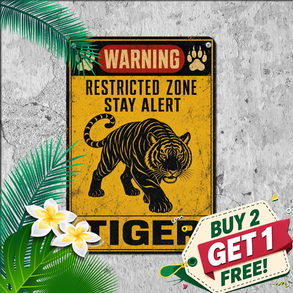 Wild Tiger Silhouette Caution Sign Exotic Zoo Iron Metal Tin Plaque 8x12