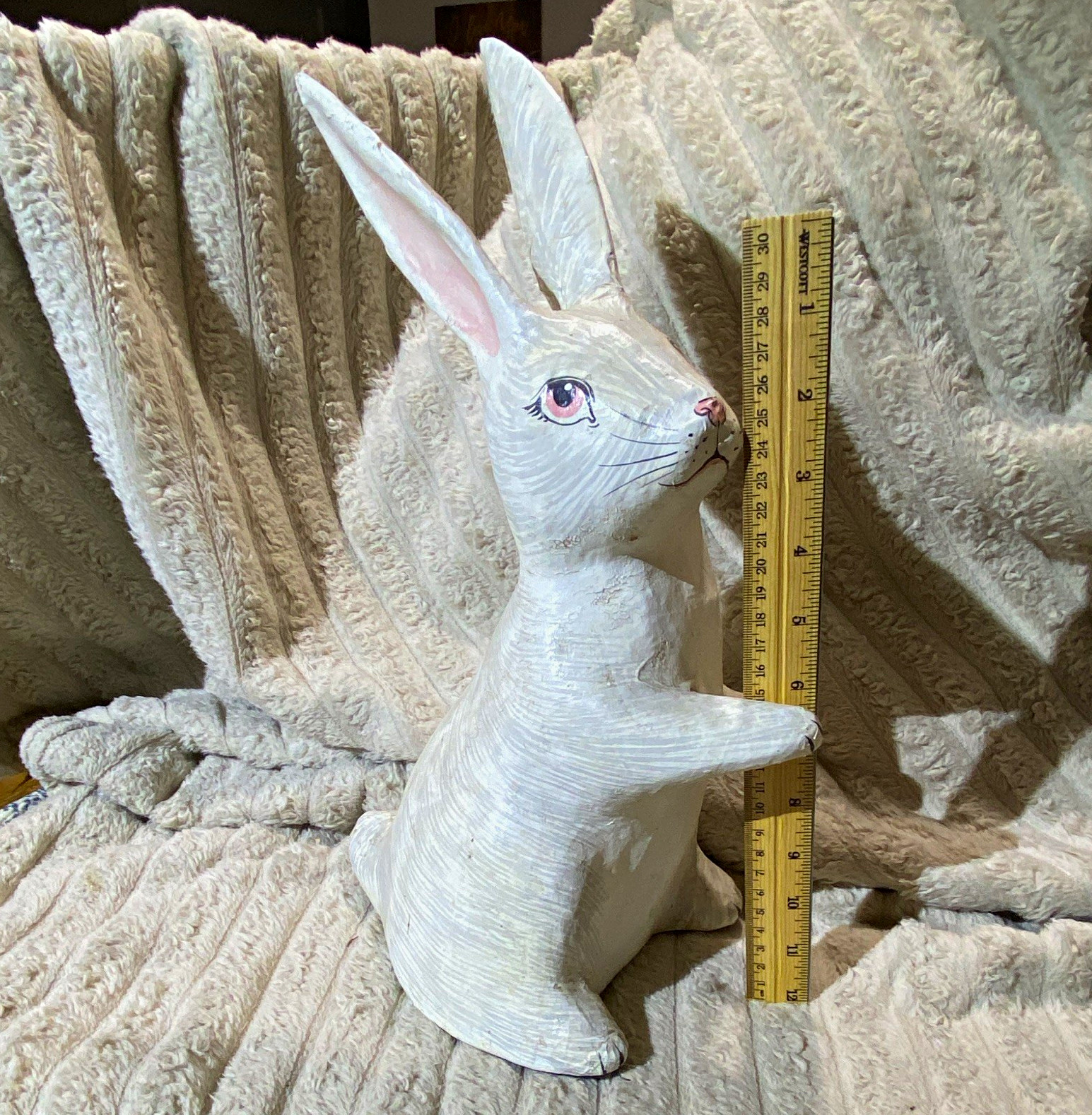 Vintage Paper Mache Easter Bunny - 13” Rabbit white grey pink ears