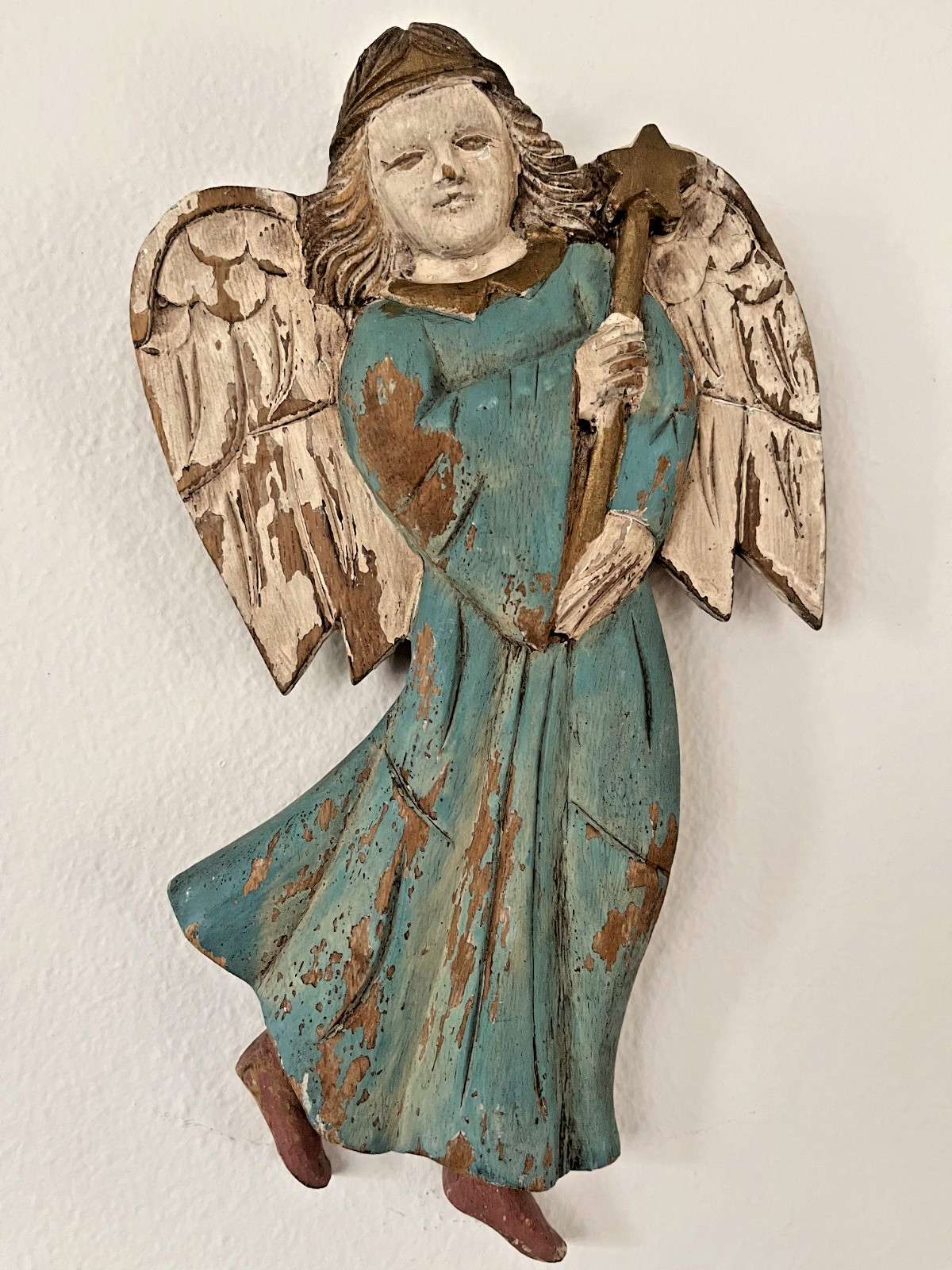 VTG Hand Carved Wood Angel Wall Plaque Star Wand Folk Art Decor Christmas Signed