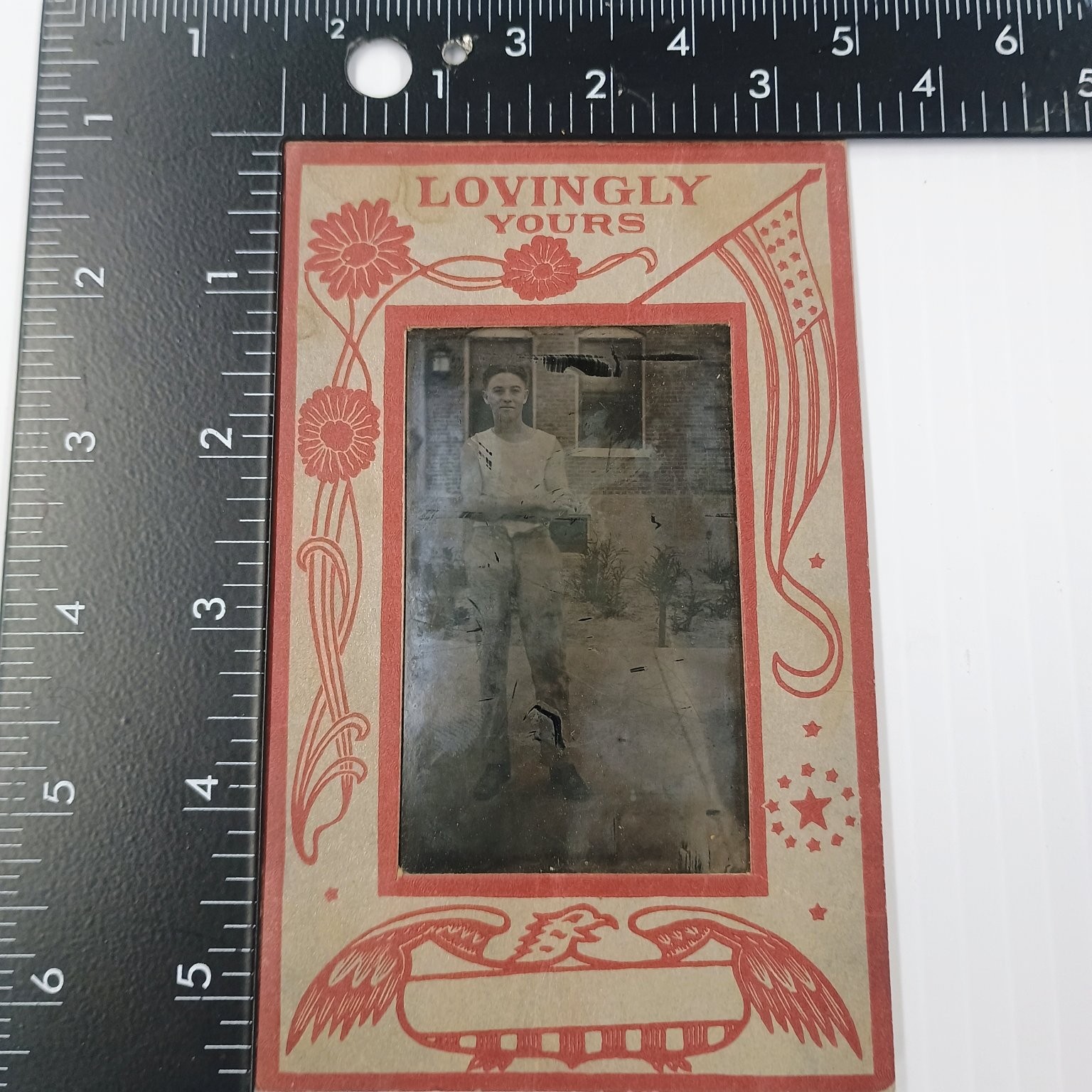 Tintype Early 20th Century Portrait Young Man Patriotic LOVINGLY YOURS