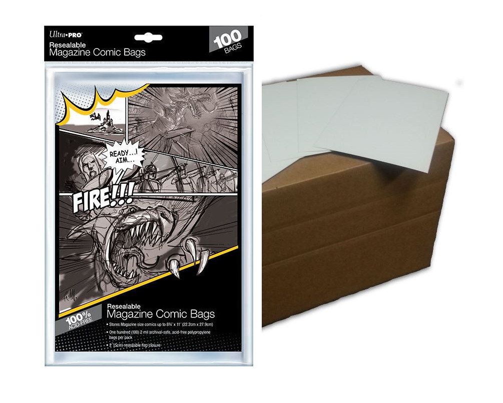 (100) Ultra Pro Resealable Magazine Bags Plus (100) Acid Free Backing Boards
