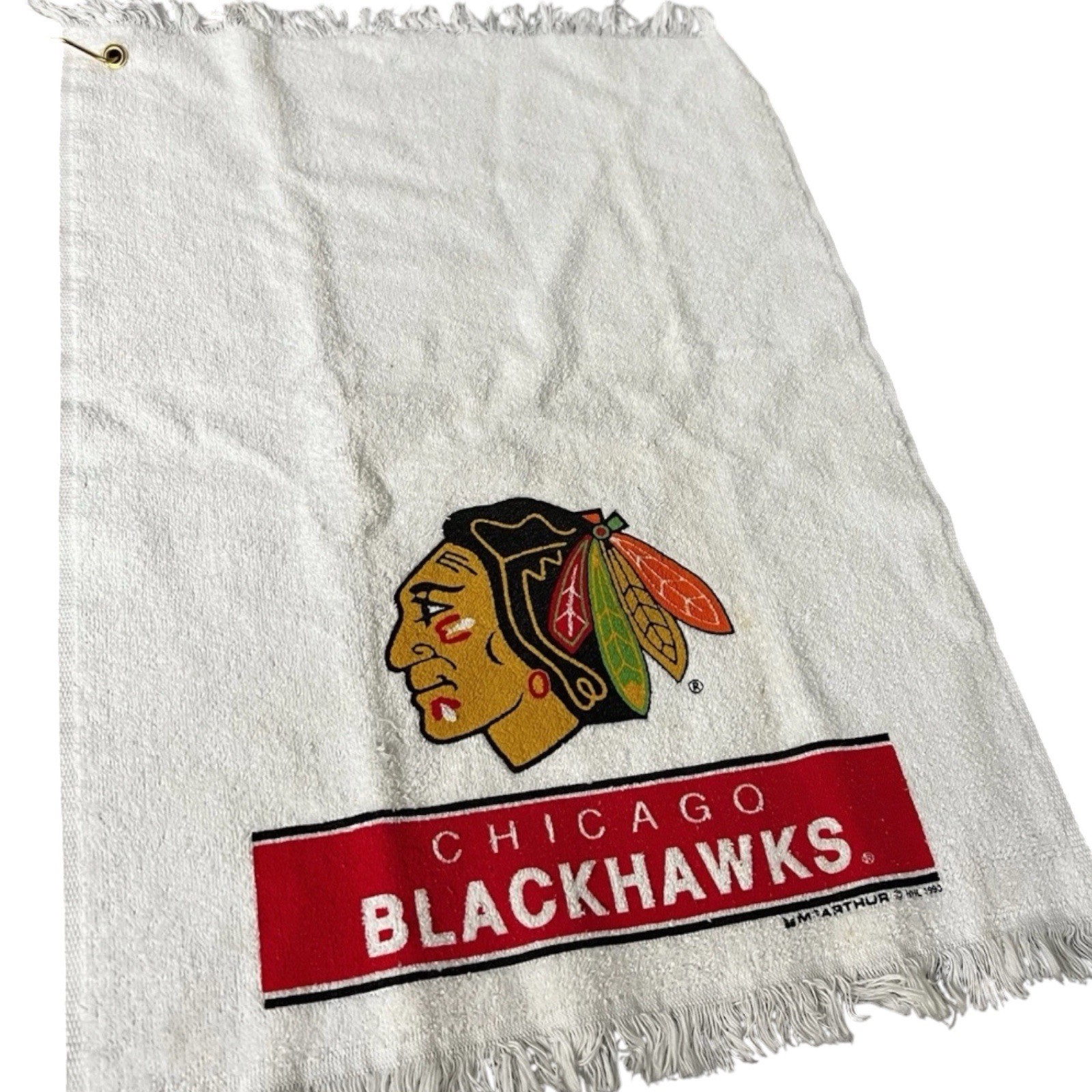 Vintage McArthur Golf Towel Terrycloth White Chicago Blackhawks Fringe 16