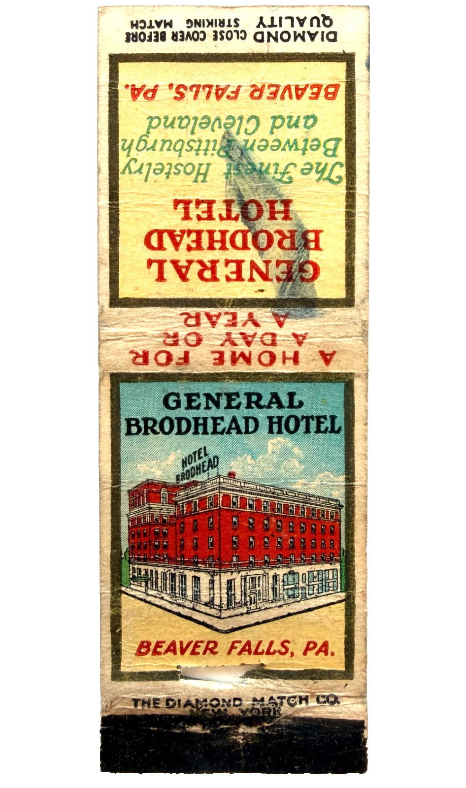 1940s General Brodhead Hotel Beaver Falls Matchbook Cover Pennsylvania Vintage