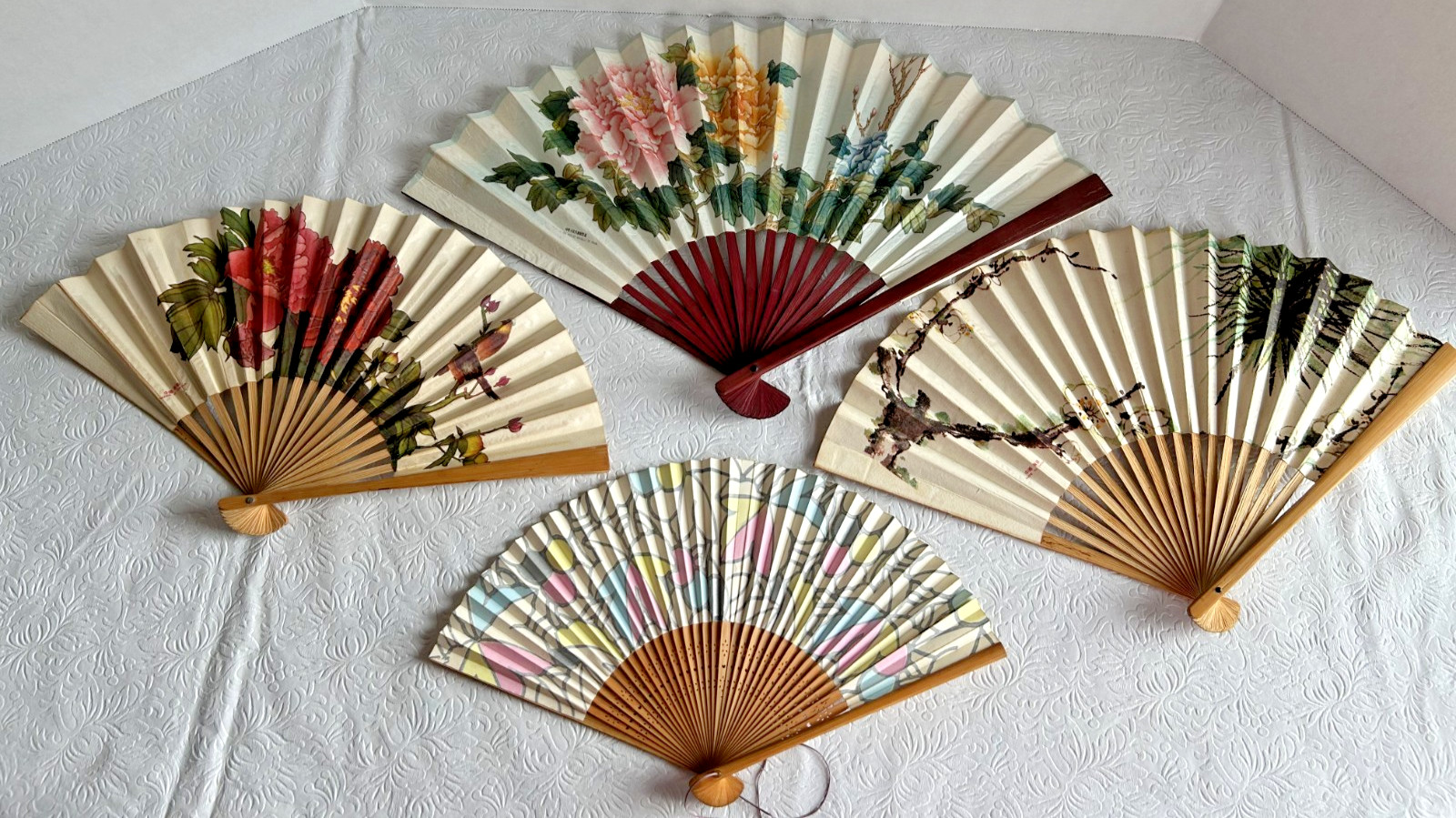 Lot of 4 Asian Chinese Folding Fans Bamboo/ Floral/ Peony/Bird Wall Decor 13-18\