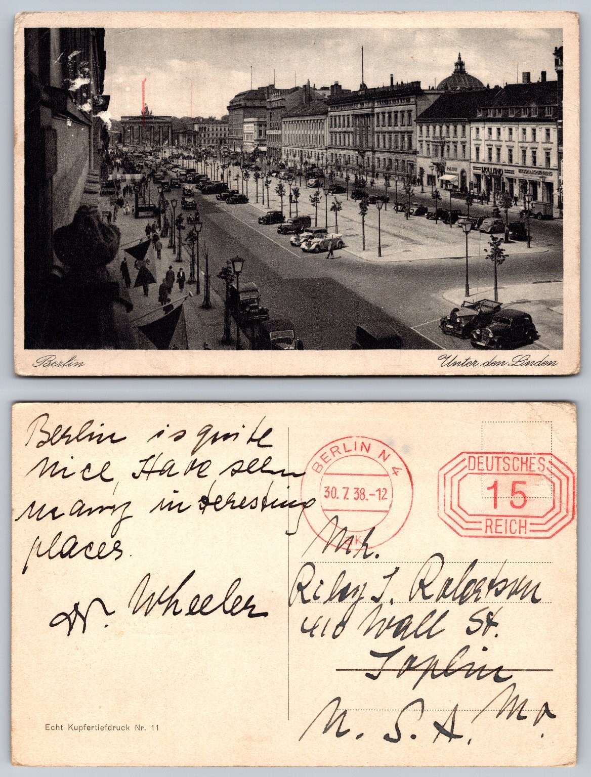 Berlin Unter den Linden 1938 Postcard Brandenburg Gate Vintage Cars Deutsches