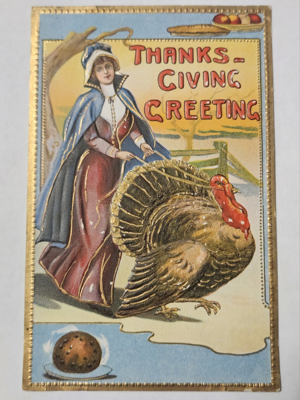 Vintage Embossed Thanksgiving Greeting Postcard Gilded Trim Circa 1910's 3