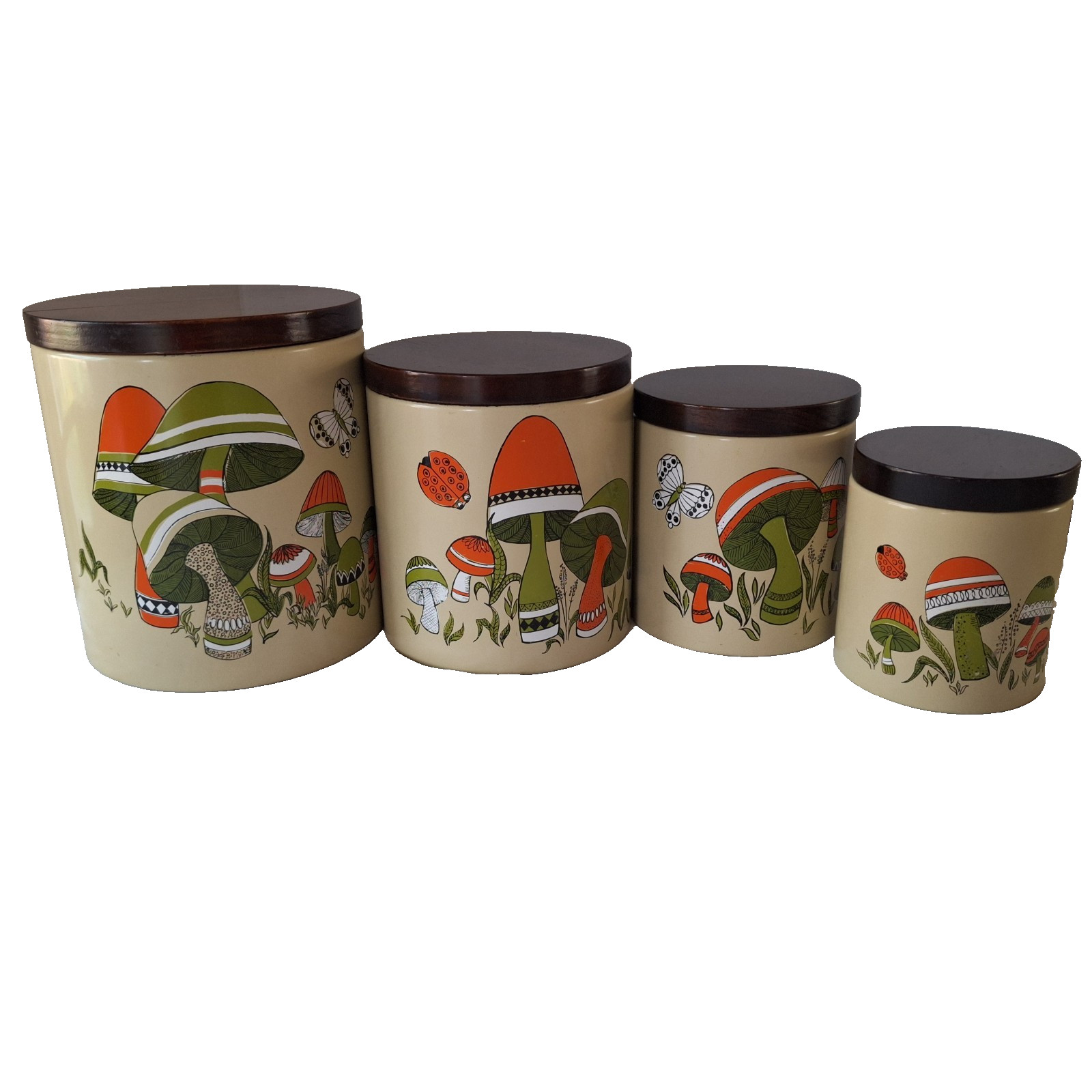 Vintage 1970s Ransburg Mushroom Butterfly Canister Set 4 Wood Lids MCM