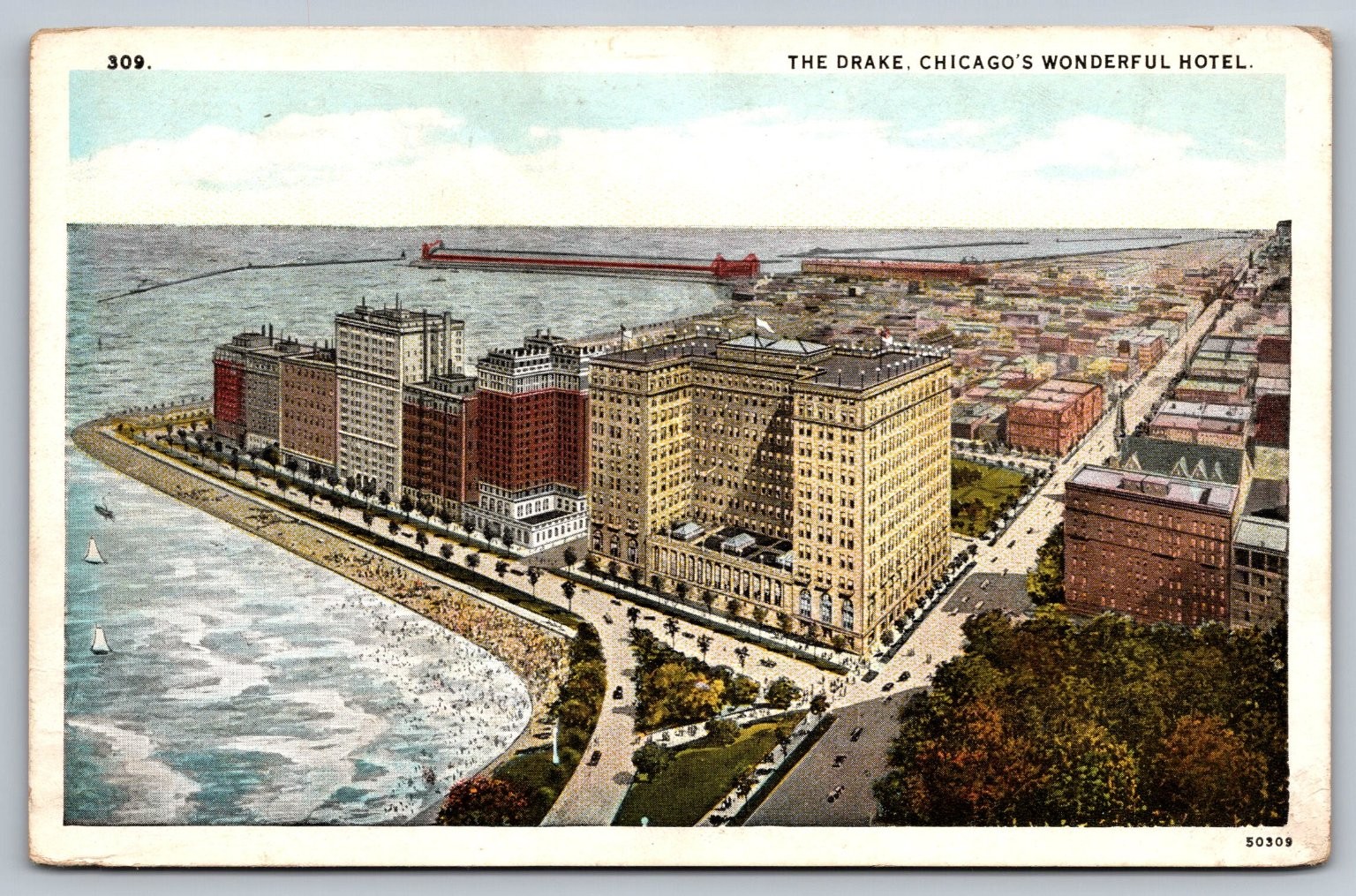 The Drake Hotel Chicago Postcard c1920s Bird\'s Eye View Lake Michigan Max Rigot