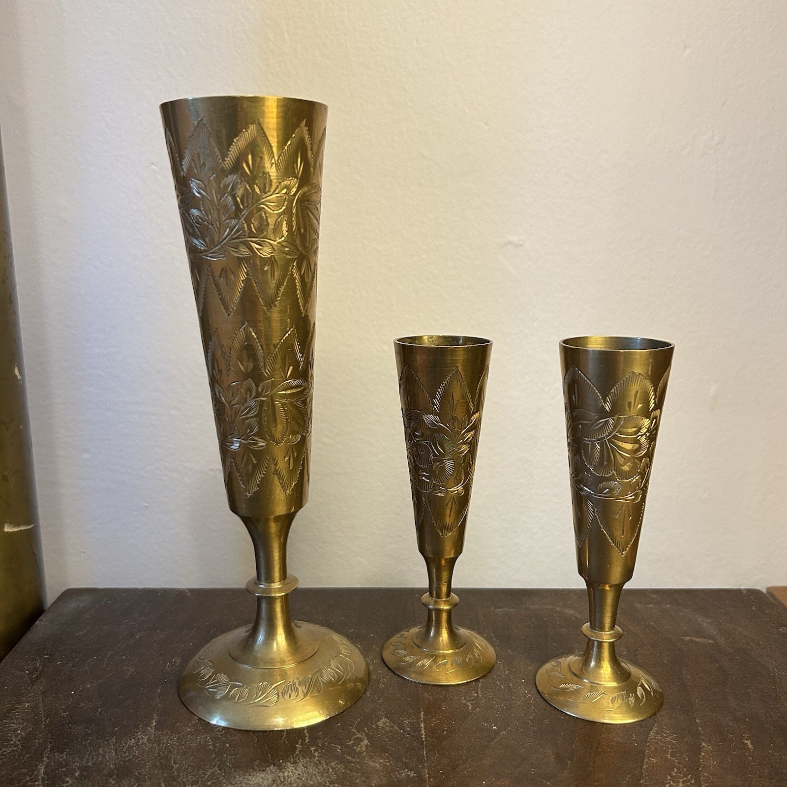 Vintage Turkish Handmade Brass Floral Etched Cup Vase Set Of 3