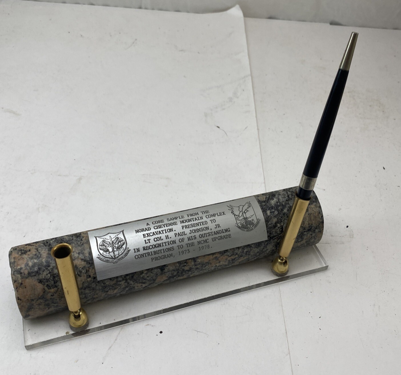 Core Sample from Cheyenne Mountain NCMC Presented Lt Colonel Paul Johnson 1978