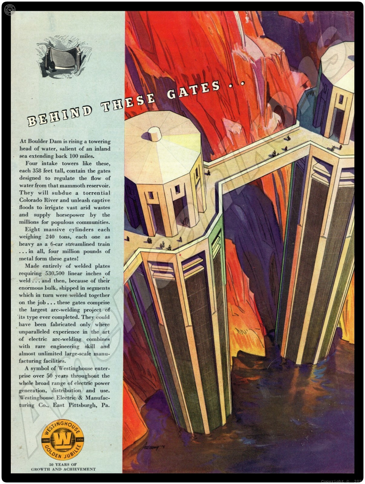 1936 Westinghouse Electric New Metal Sign: Boulder Dam Art Deco Style Artwork