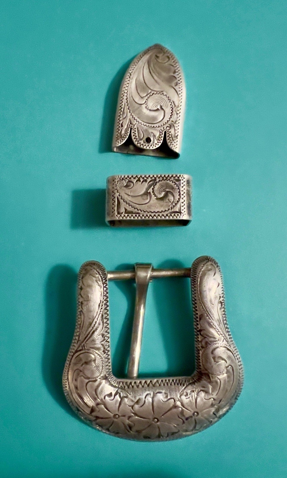 Vintage VOGT Sterling Overlay 3 Pc Ranger Belt Buckle Set Hand Engraved Mexico