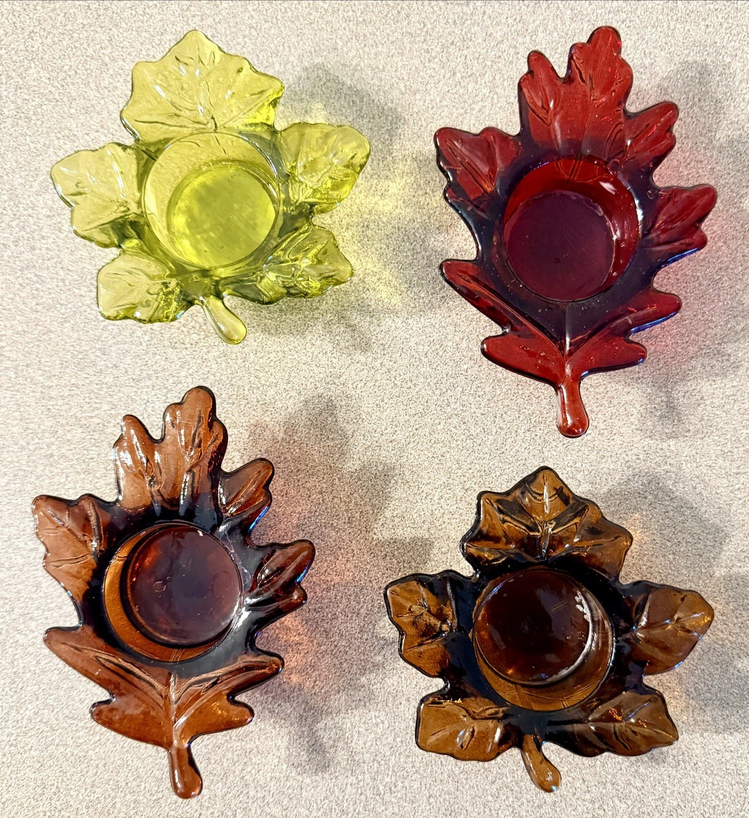 Set 4 Vintage Glass Leaf Candle Votive Holders Fall Harvest Thanksgiving Decor