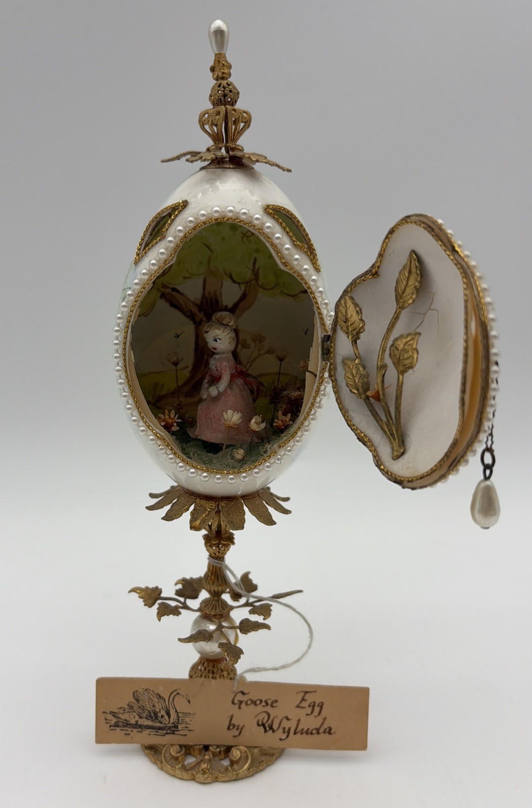 Vintage Handcrafted Goose Egg Metal Diorama- Artist Signed Wyluda Floral Garden