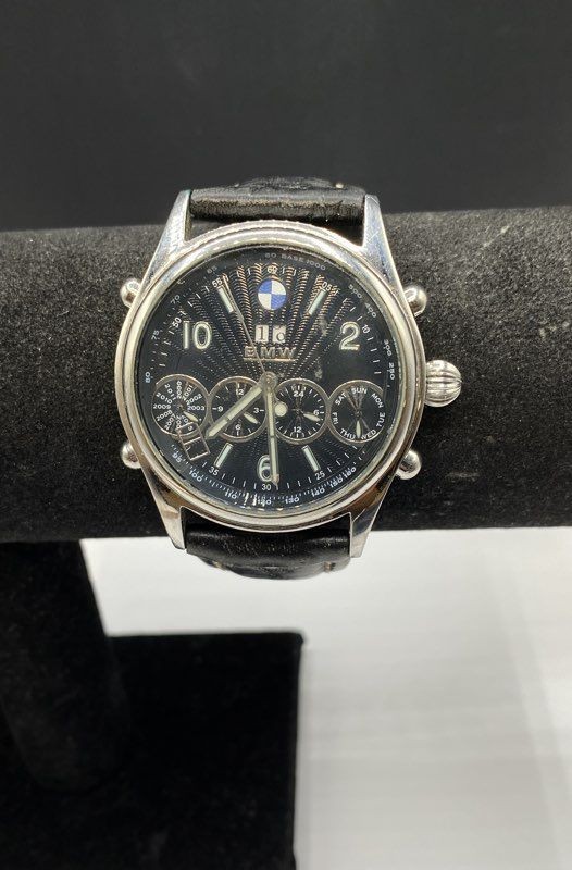 BMW 41mm Stainless Steel Automatic Chronograph Watch Black Dial Leather Strap