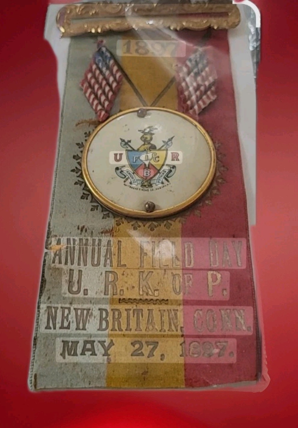 RaRe 1897 Knights Of Pythias New Britian Connecticut Flag & Medallion Day Ribbon