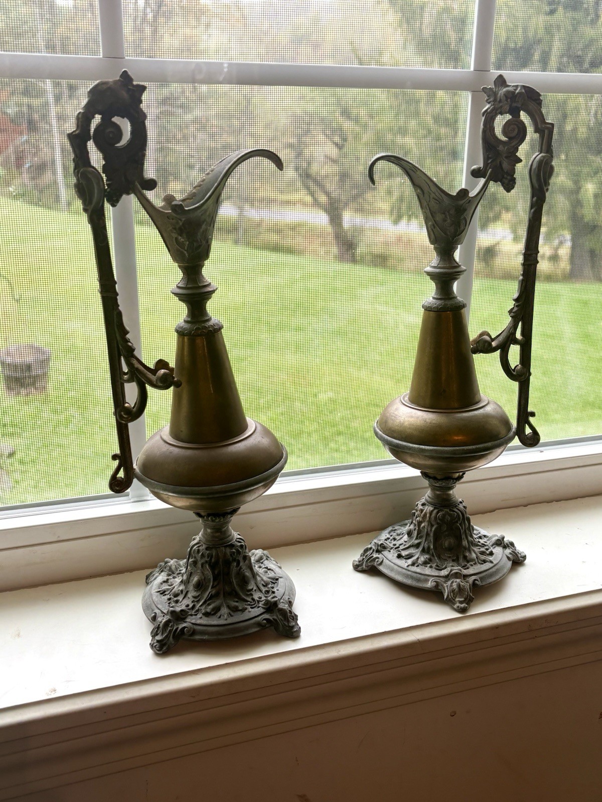 Antique Victorian Garniture Ewers Pair Brass Spelter  Mantle Urn Vase Read