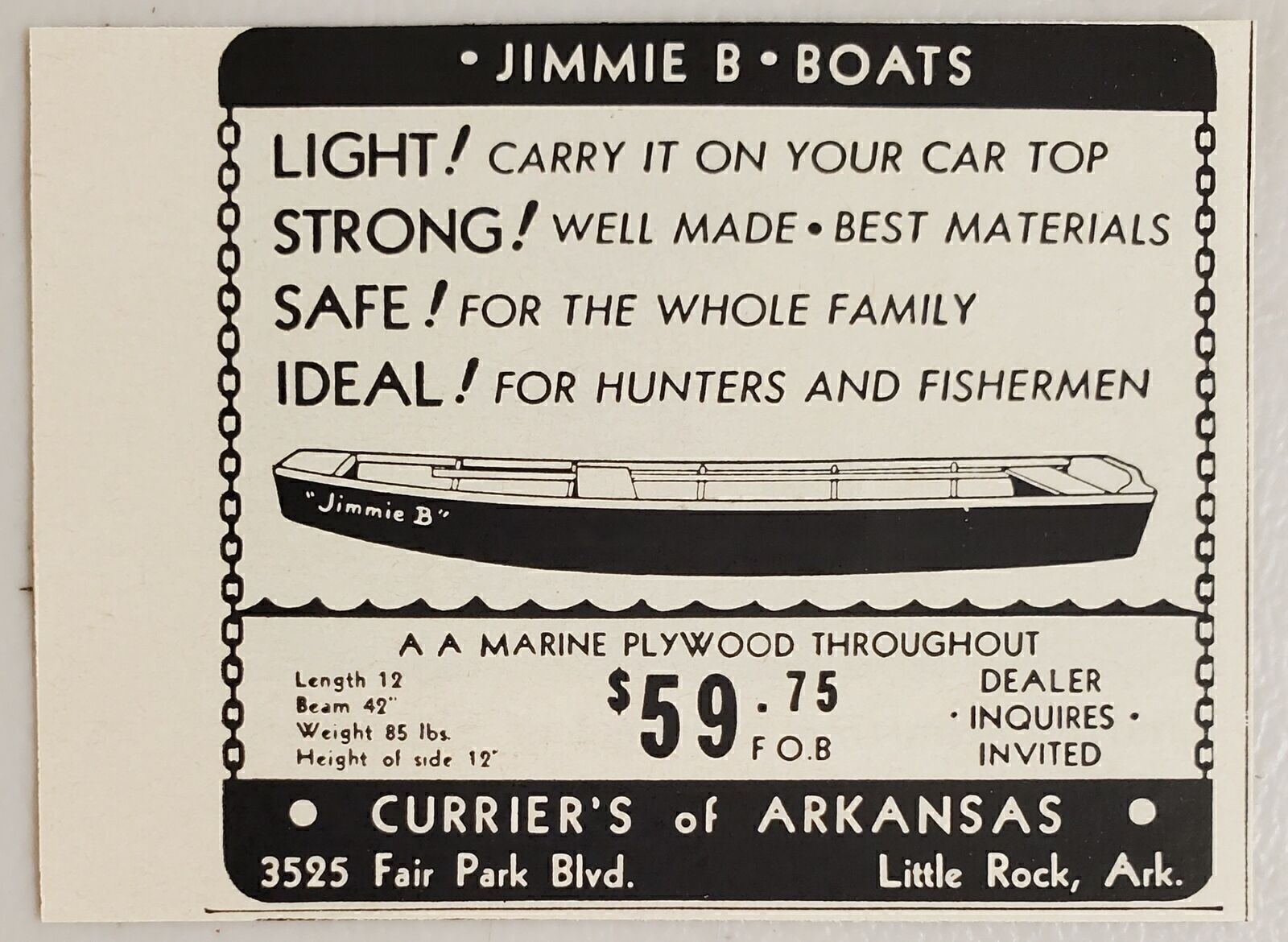 1954 Print Ad Jimmie B Marine Plywood Boats Curriers Little Rock,Arkansas