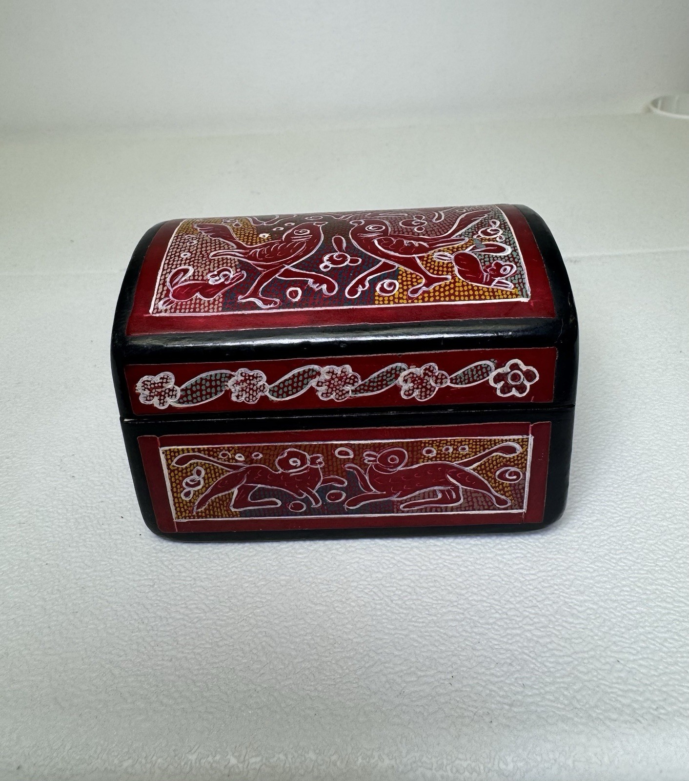 Vintage Mexican Hand Carved Lacquer & Wood Box, Olinala - Plants & Animals