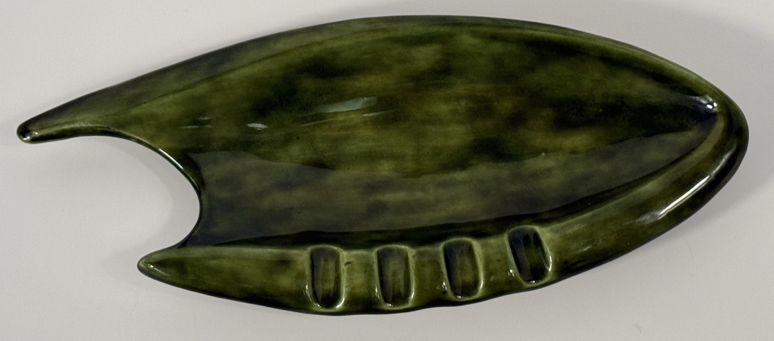 Ashtray VTG Mid Century Modern Ceramic Green Glaze 10” Long