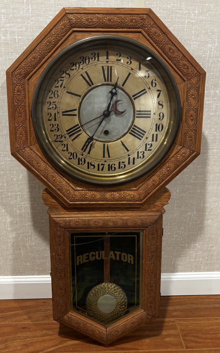 Antique E. N. Welch Star Pointer Long Drop Calendar Wall Clock - Runs