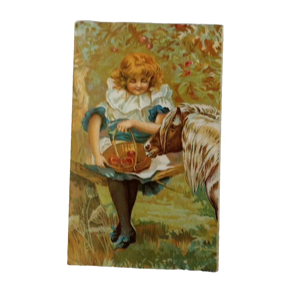 Vintage Postcard Girl Feeding Horse Apple, Season Greeting 1909 Posted Undivided
