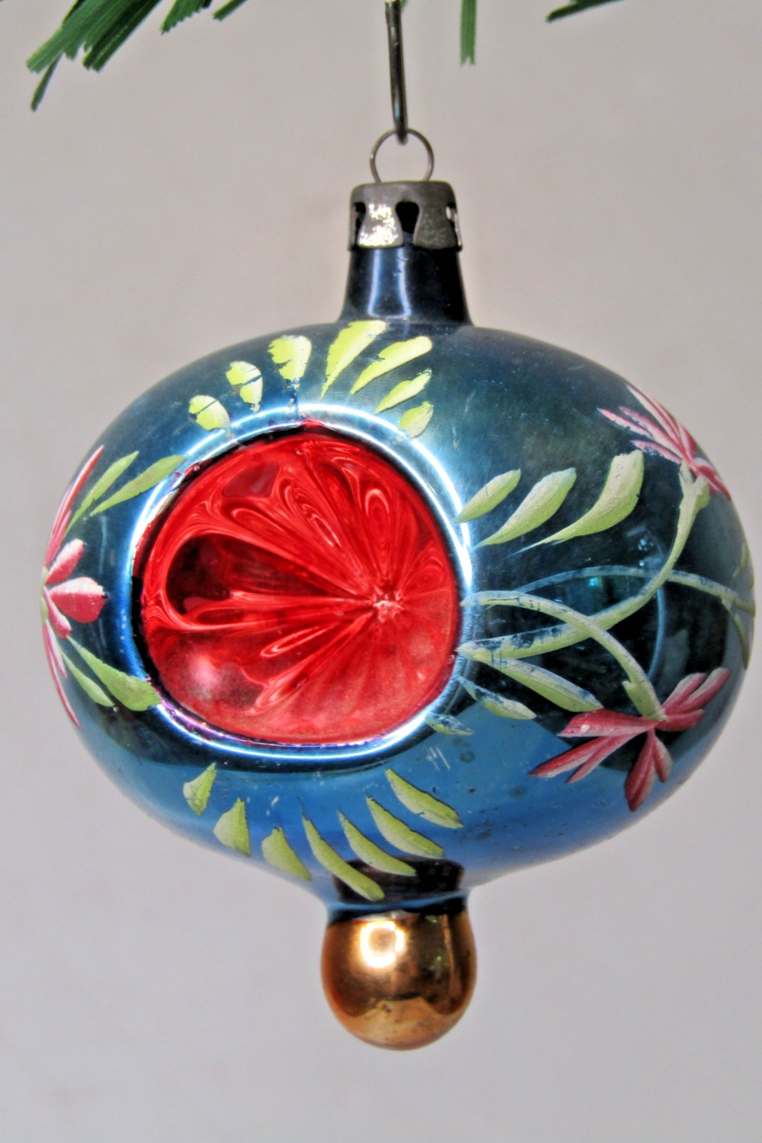 VTG Glass Indent STARBURST FLOWER Pictured DROP Christmas Ornament Poland BLUE