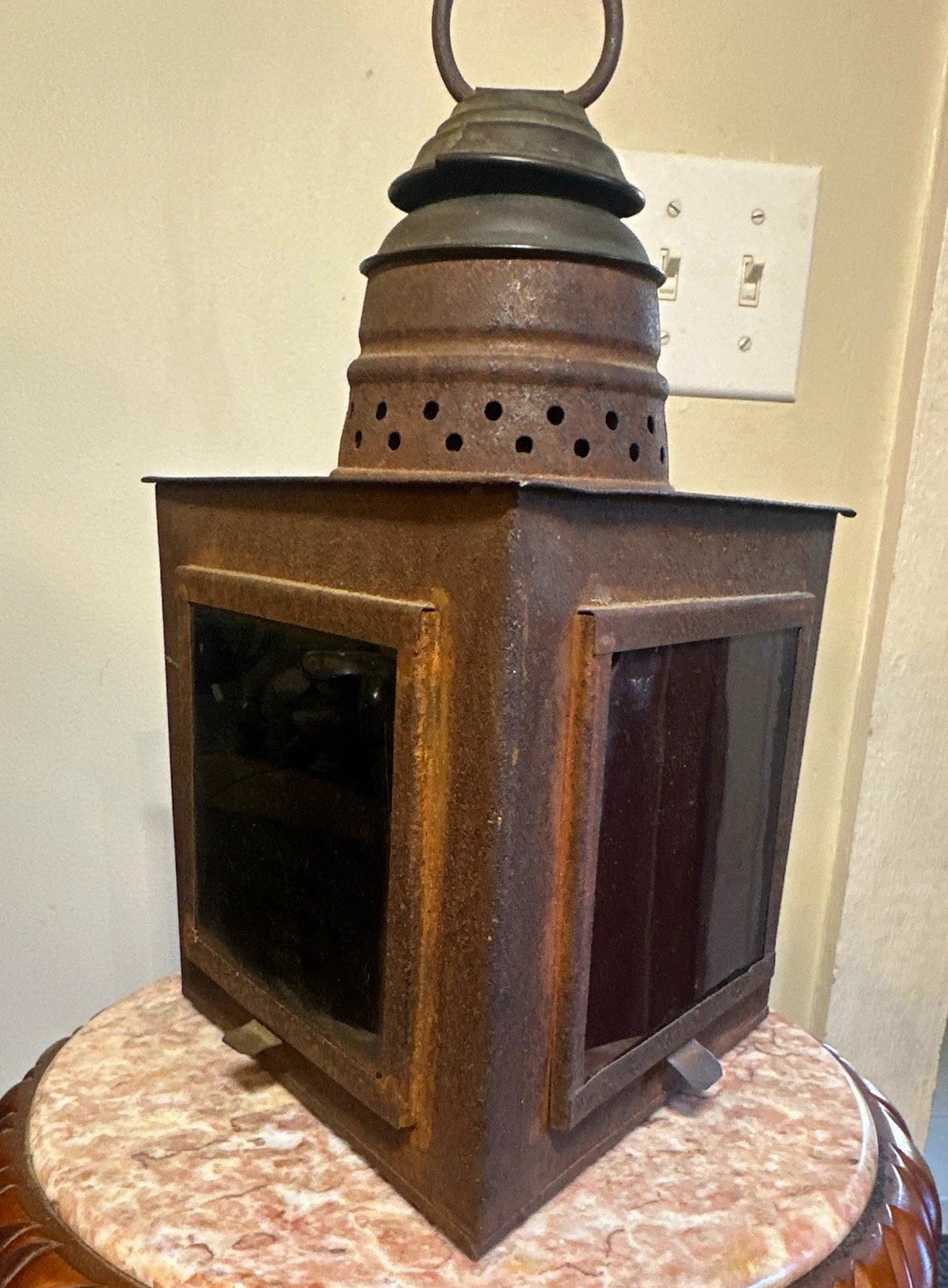 Vintage Metal Railroad-Style Lantern Lamp w/ Red & Green Glass Lenses